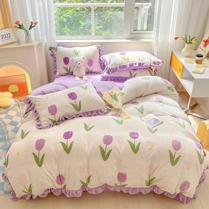 91家纺网 家纺一手货源 找家纺 安哆啦 2022新款加厚牛奶绒花边小贴标四件套 花边-紫色郁金香