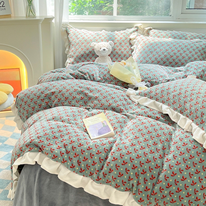 91家纺网 家纺一手货源 找家纺 安哆啦 2022新款加厚牛奶绒花边小贴标四件套 花边-法式小碎花