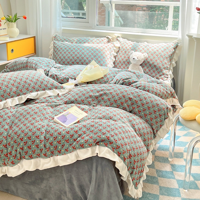 91家纺网 家纺一手货源 找家纺 安哆啦 2022新款加厚牛奶绒花边小贴标四件套 花边-法式小碎花