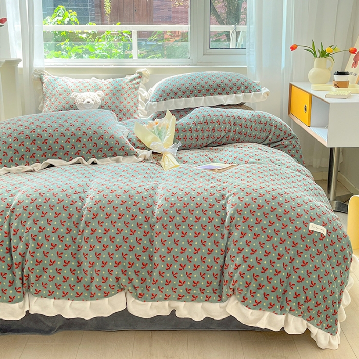 91家纺网 家纺一手货源 找家纺 安哆啦 2022新款加厚牛奶绒花边小贴标四件套 花边-法式小碎花