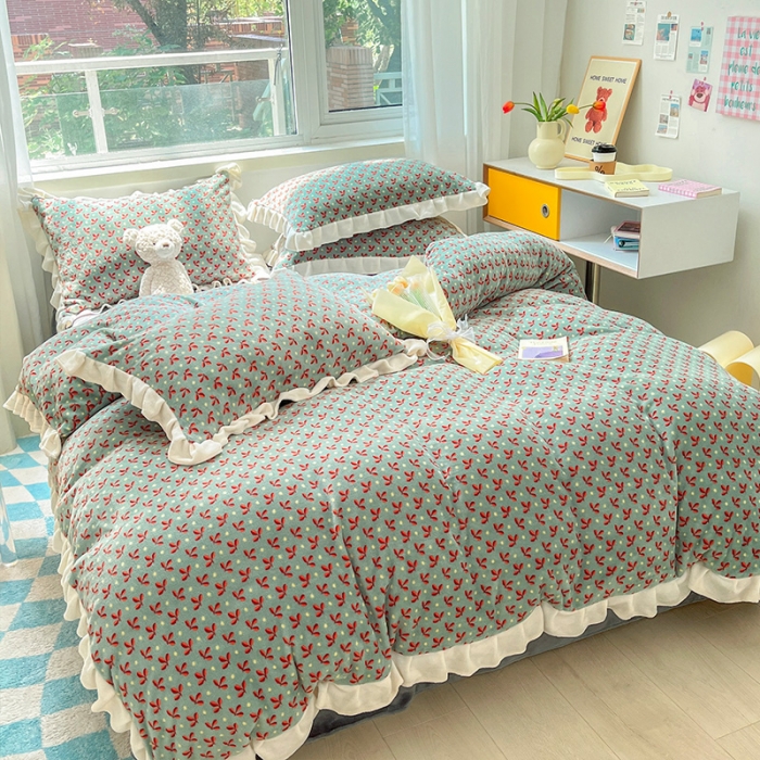 91家纺网 家纺一手货源 找家纺 安哆啦 2022新款加厚牛奶绒花边小贴标四件套 花边-法式小碎花