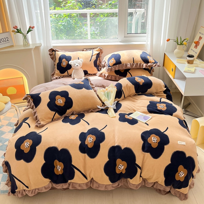 91家纺网 家纺一手货源 找家纺 安哆啦 2022新款加厚牛奶绒花边小贴标四件套 花边-复古花咖