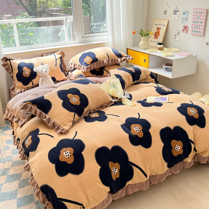 91家纺网 家纺一手货源 找家纺 安哆啦 2022新款加厚牛奶绒花边小贴标四件套 花边-复古花咖