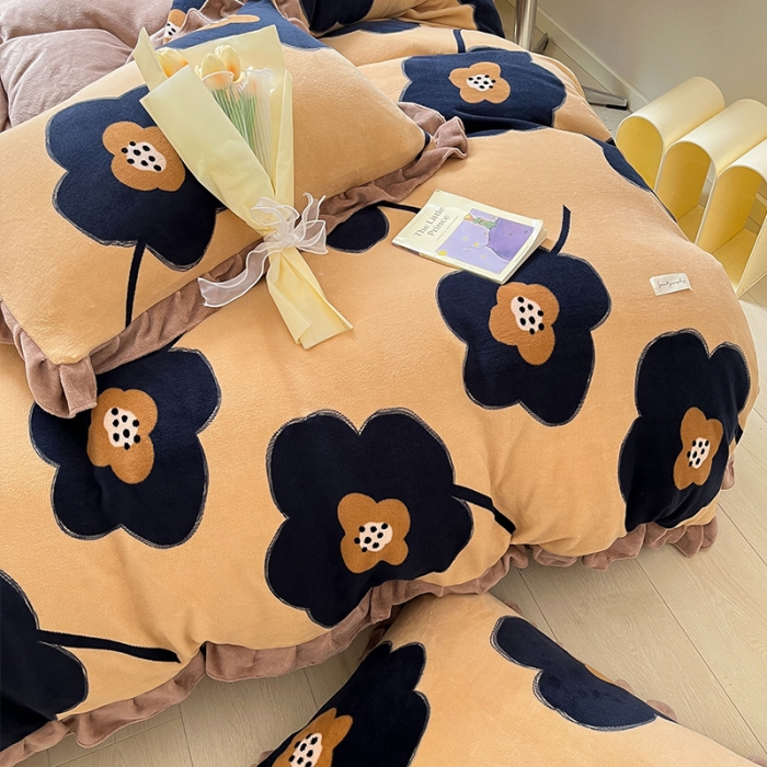 91家纺网 家纺一手货源 找家纺 安哆啦 2022新款加厚牛奶绒花边小贴标四件套 花边-复古花咖