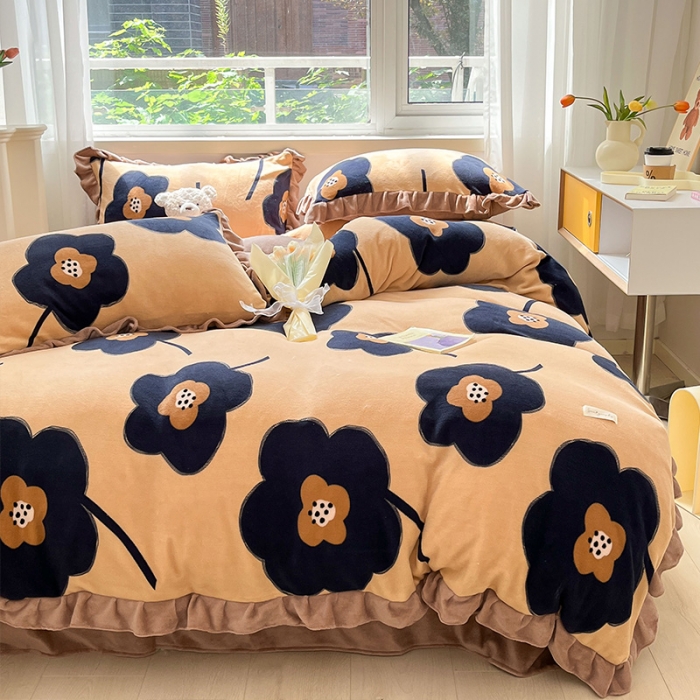 91家纺网 家纺一手货源 找家纺 安哆啦 2022新款加厚牛奶绒花边小贴标四件套 花边-复古花咖