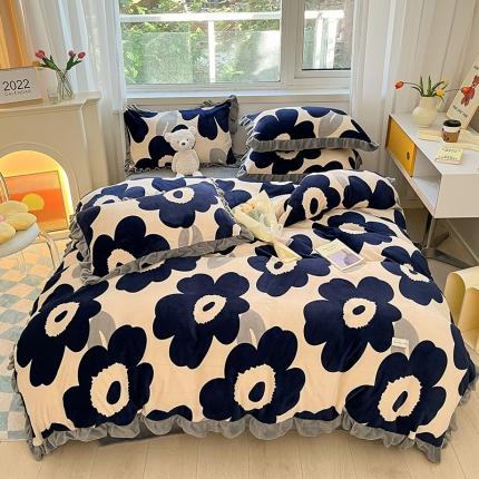 安哆啦 2022新款加厚牛奶绒花边小贴标四件套 花边-复古蓝花