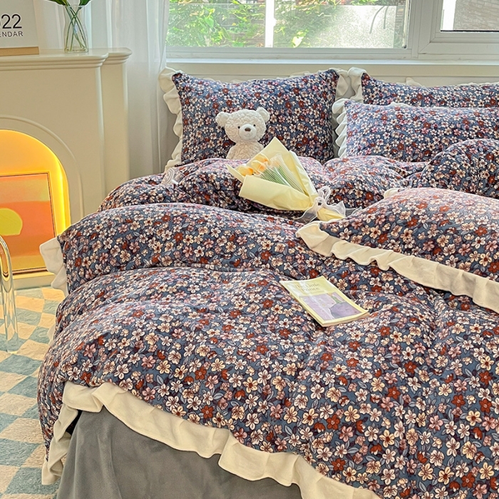 91家纺网 家纺一手货源 找家纺 安哆啦 2022新款加厚牛奶绒花边小贴标四件套 花边-复古小碎花