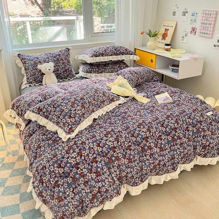 91家纺网 家纺一手货源 找家纺 安哆啦 2022新款加厚牛奶绒花边小贴标四件套 花边-复古小碎花