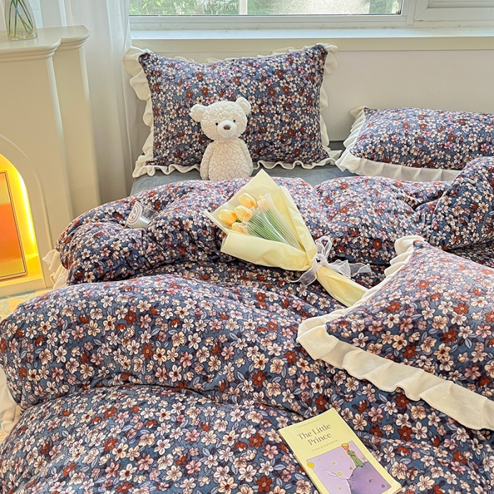 91家纺网 家纺一手货源 找家纺 安哆啦 2022新款加厚牛奶绒花边小贴标四件套 花边-复古小碎花