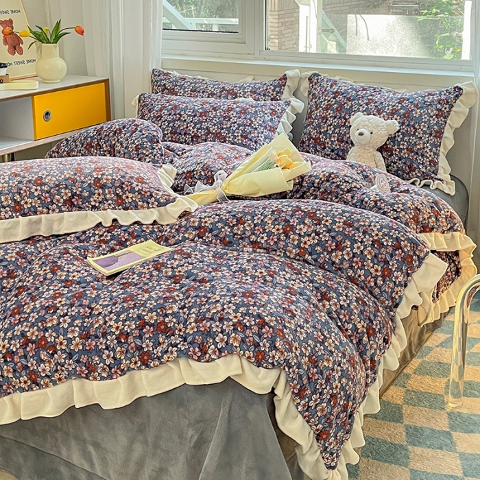 91家纺网 家纺一手货源 找家纺 安哆啦 2022新款加厚牛奶绒花边小贴标四件套 花边-复古小碎花