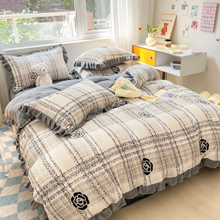 91家纺网 家纺一手货源 找家纺 安哆啦 2022新款加厚牛奶绒花边小贴标四件套 花边-格调花