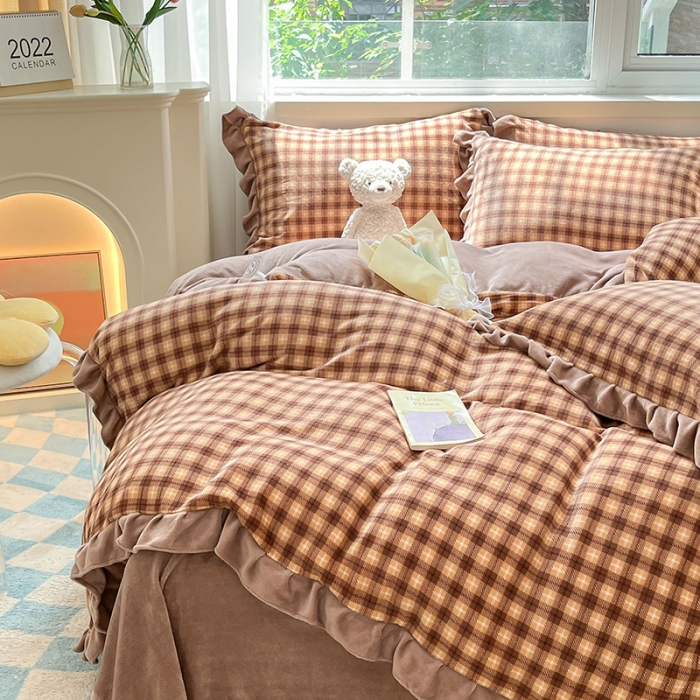 91家纺网 家纺一手货源 找家纺 安哆啦 2022新款加厚牛奶绒花边小贴标四件套 花边-格子咖