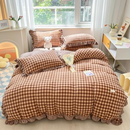 安哆啦 2022新款加厚牛奶绒花边小贴标四件套 花边-格子咖