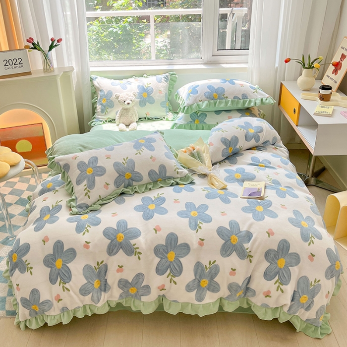 91家纺网 家纺一手货源 找家纺 安哆啦 2022新款加厚牛奶绒花边小贴标四件套 花边-花园里