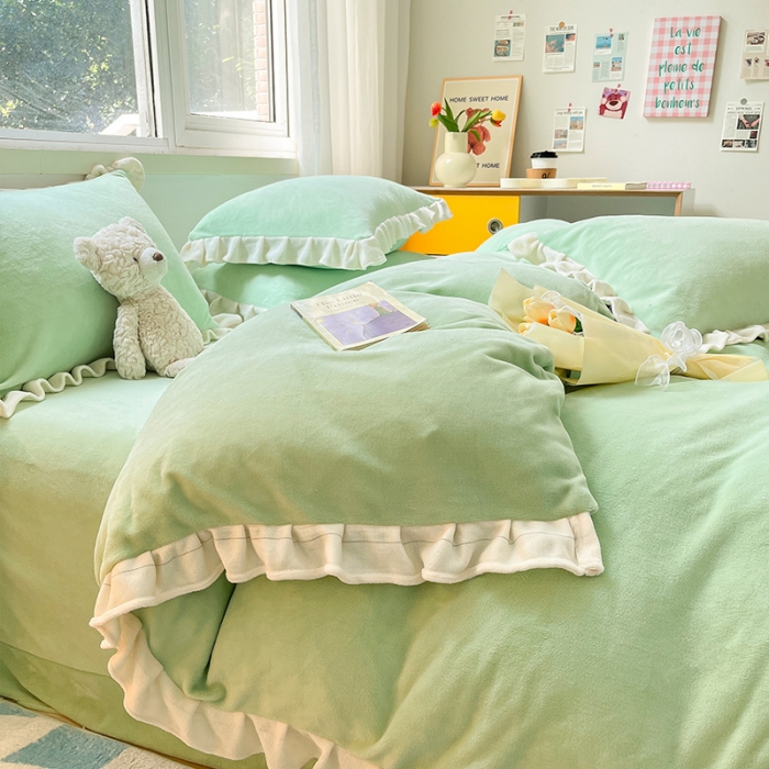 91家纺网 家纺一手货源 找家纺 安哆啦 2022新款加厚牛奶绒花边小贴标四件套 花边-嫩橘绿