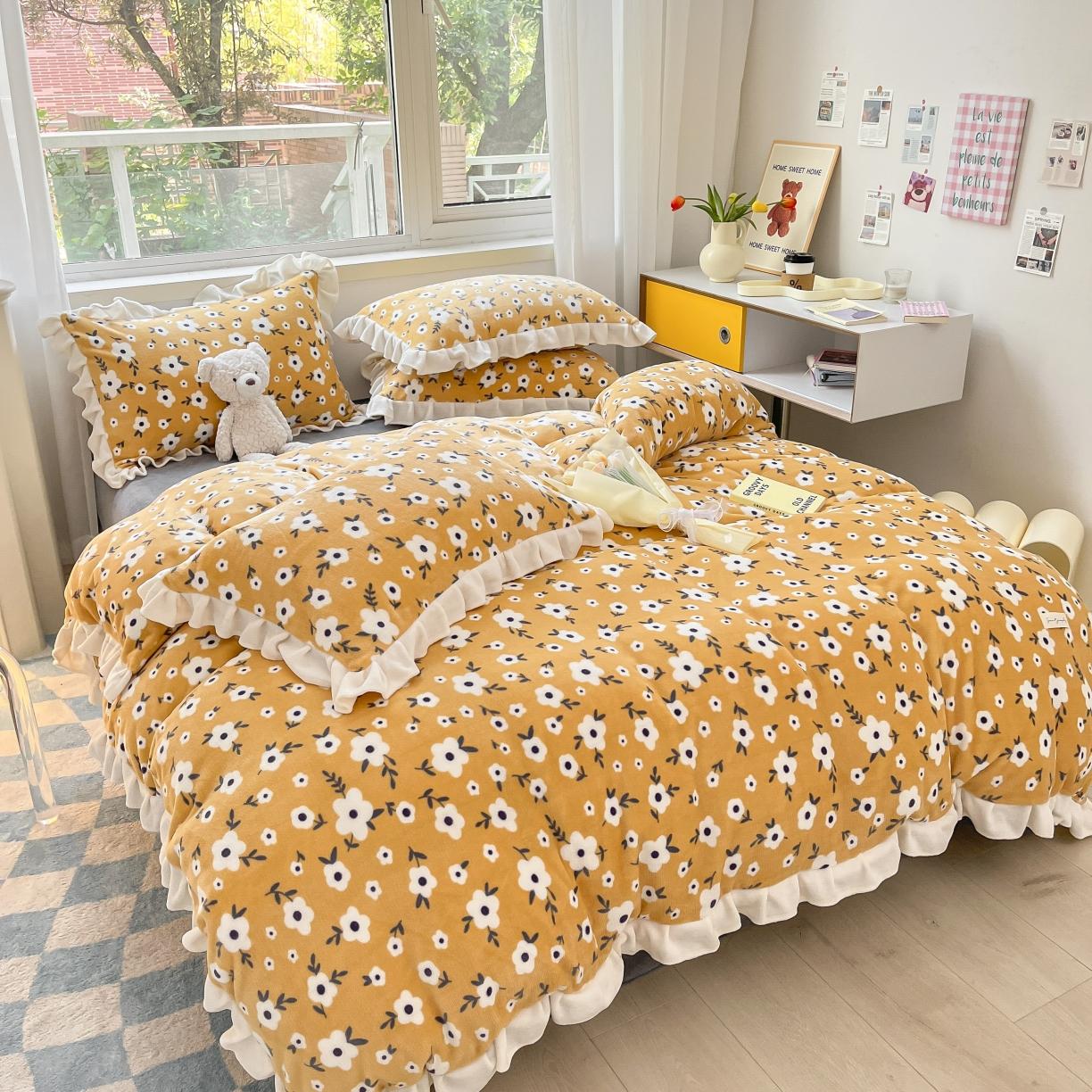 91家纺网 家纺一手货源 找家纺 安哆啦 2022新款加厚牛奶绒花边小贴标四件套 花边-田园小雏菊