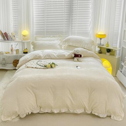 雅萱家纺2022新款雕花牛奶绒花边四件套--华夫系列华夫-白
