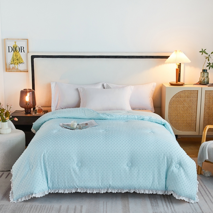 91家纺网 家纺一手货源 找家纺 丽卡家纺2023新款法丽娜雕花春秋被被子被芯 水蓝色