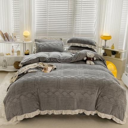 雅萱家纺2022新款雕花牛奶绒花边四件套--华夫系列华夫-灰