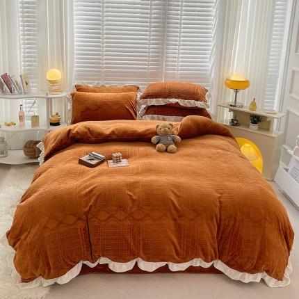 雅萱家纺2022新款雕花牛奶绒花边四件套-华夫系列华夫-焦糖