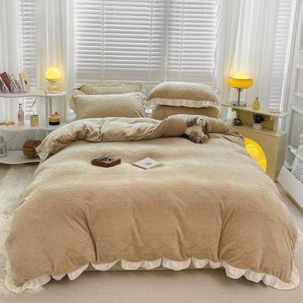 雅萱家纺2022新款雕花牛奶绒花边四件套--华夫系列华夫-咖