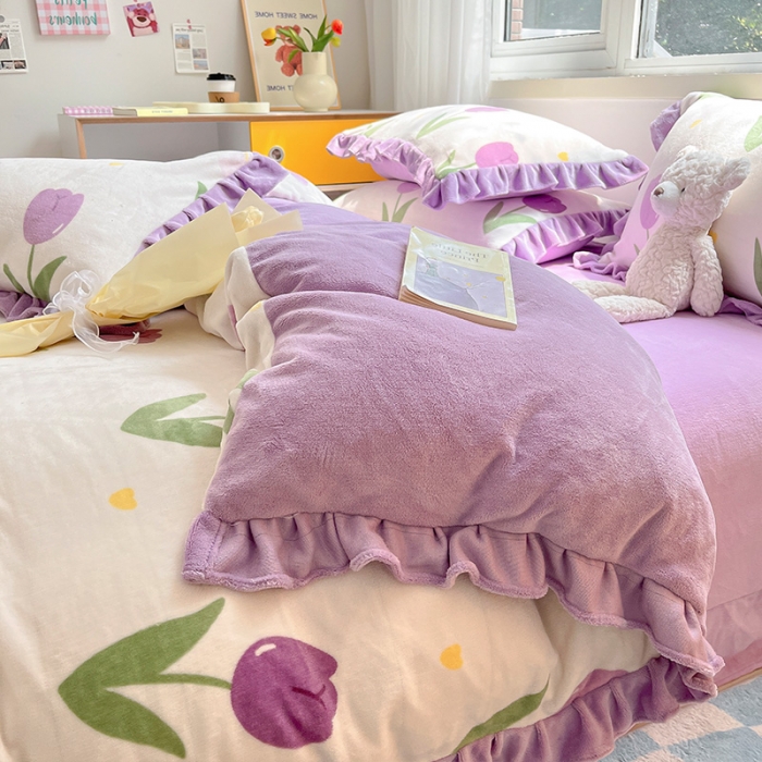 91家纺网 家纺一手货源 找家纺 安哆啦 2022新款加厚牛奶绒花边小贴标四件套 花边-紫色郁金香