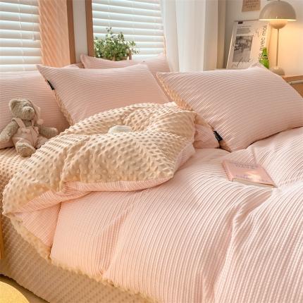 91家纺网 家纺一手货源 找家纺 蓝米卡夫  2024冬季A类3D暖豆豆绒四件套 暖豆豆-浅粉