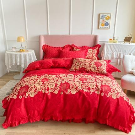91家纺网 家纺一手货源 找家纺 美莱 2022新款亲肤磨毛床盖床裙夹棉单件三件套直播四件套 大红玫瑰
