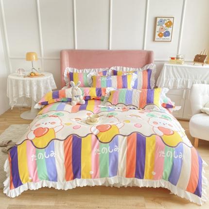 91家纺网 家纺一手货源 找家纺 美莱2022款亲肤磨毛床盖床裙夹棉单件三件套直播四件套萌萌兔