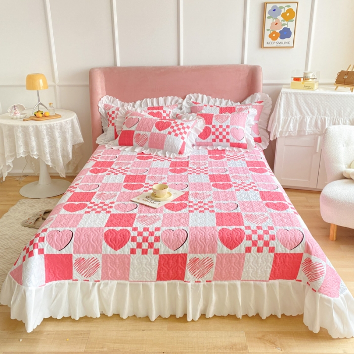 91家纺网 家纺一手货源 找家纺 美莱 2022新款亲肤磨毛床盖床裙夹棉单件三件套直播四件套 爱心格