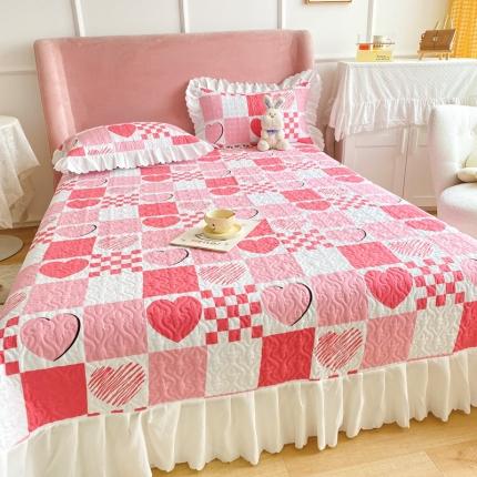 美莱 2022新款亲肤磨毛床盖床裙夹棉单件三件套直播四件套 爱心格