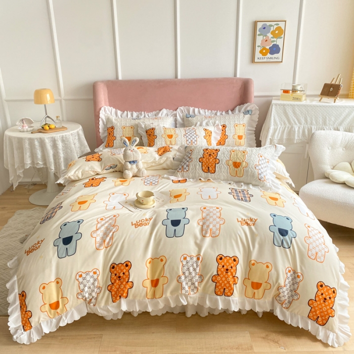 91家纺网 家纺一手货源 找家纺 美莱 2022新款亲肤磨毛床盖床裙夹棉单件三件套直播四件套 饼干熊