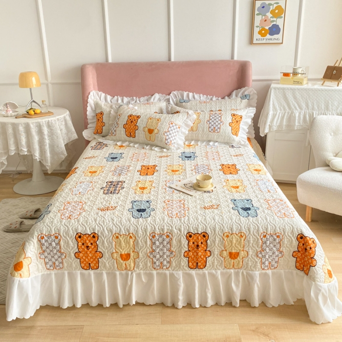 91家纺网 家纺一手货源 找家纺 美莱 2022新款亲肤磨毛床盖床裙夹棉单件三件套直播四件套 饼干熊