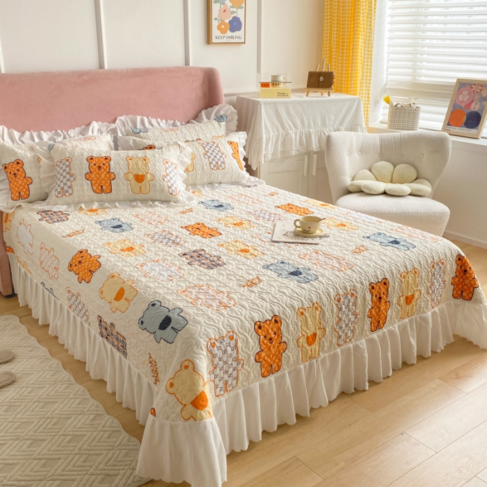 91家纺网 家纺一手货源 找家纺 美莱 2022新款亲肤磨毛床盖床裙夹棉单件三件套直播四件套 饼干熊