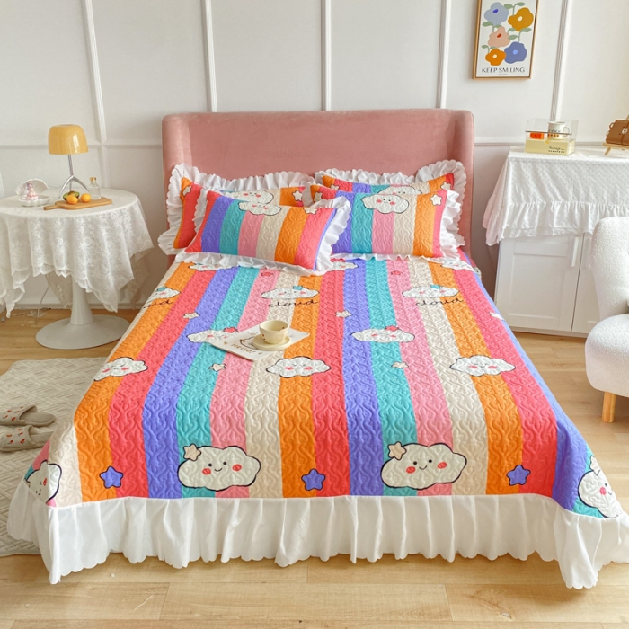 91家纺网 家纺一手货源 找家纺 美莱 2022新款亲肤磨毛床盖床裙夹棉单件三件套直播四件套 彩虹云