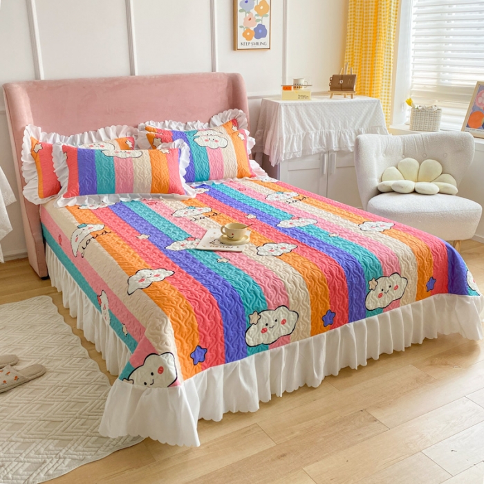 91家纺网 家纺一手货源 找家纺 美莱 2022新款亲肤磨毛床盖床裙夹棉单件三件套直播四件套 彩虹云