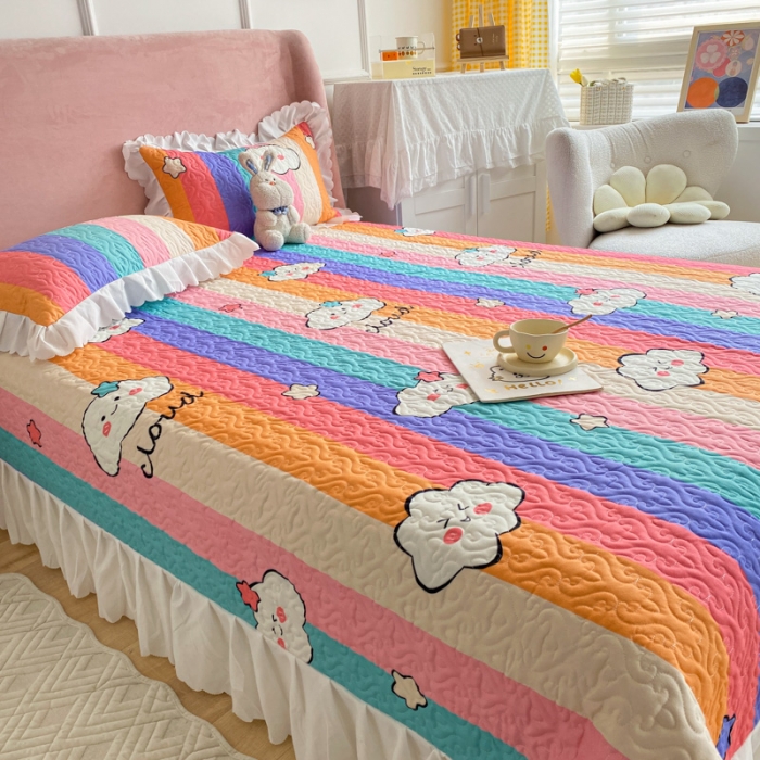 91家纺网 家纺一手货源 找家纺 美莱 2022新款亲肤磨毛床盖床裙夹棉单件三件套直播四件套 彩虹云