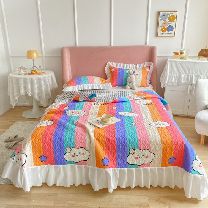 91家纺网 家纺一手货源 找家纺 美莱 2022新款亲肤磨毛床盖床裙夹棉单件三件套直播四件套 彩虹云