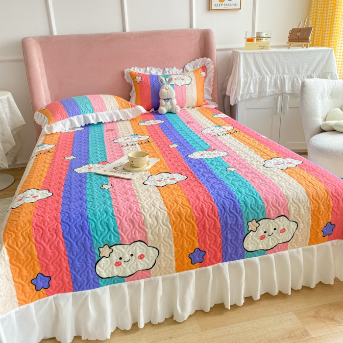 91家纺网 家纺一手货源 找家纺 美莱 2022新款亲肤磨毛床盖床裙夹棉单件三件套直播四件套 彩虹云