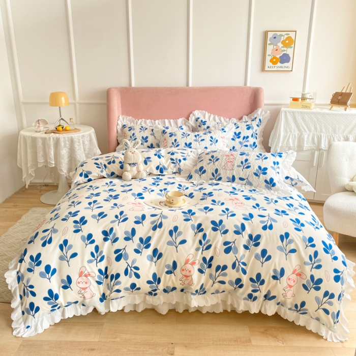 91家纺网 家纺一手货源 找家纺 美莱 2022新款亲肤磨毛床盖床裙夹棉单件三件套直播四件套 丛林兔