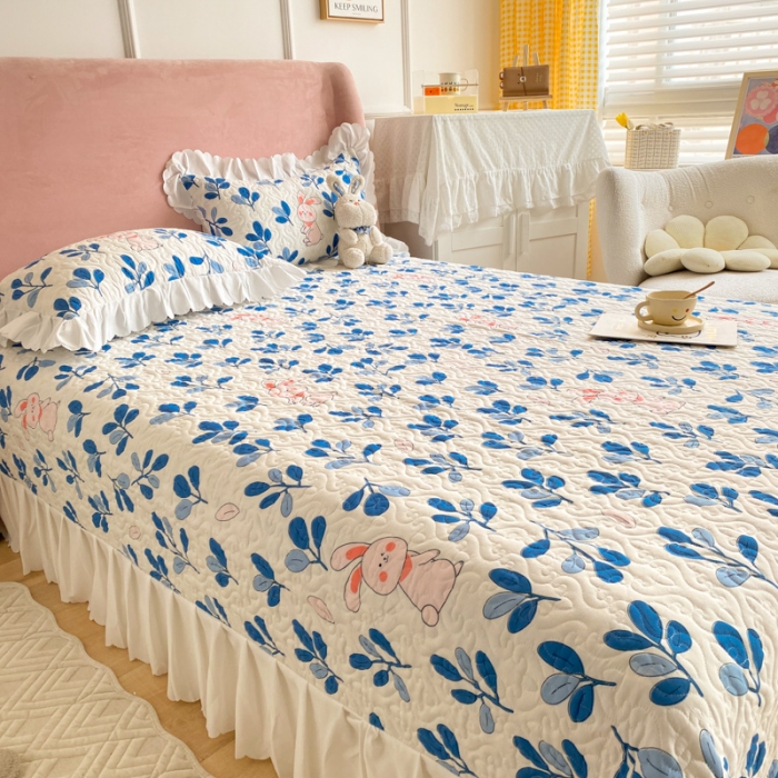 91家纺网 家纺一手货源 找家纺 美莱 2022新款亲肤磨毛床盖床裙夹棉单件三件套直播四件套 丛林兔