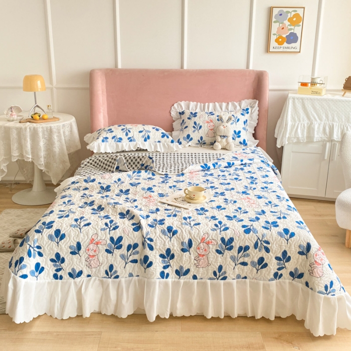 91家纺网 家纺一手货源 找家纺 美莱 2022新款亲肤磨毛床盖床裙夹棉单件三件套直播四件套 丛林兔