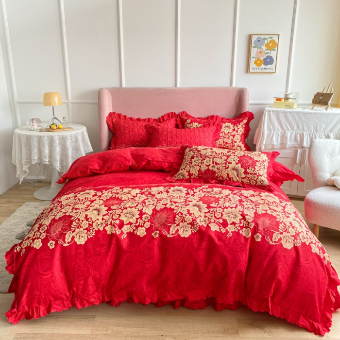 91家纺网 家纺一手货源 找家纺 美莱 2022新款亲肤磨毛床盖床裙夹棉单件三件套直播四件套 大红玫瑰