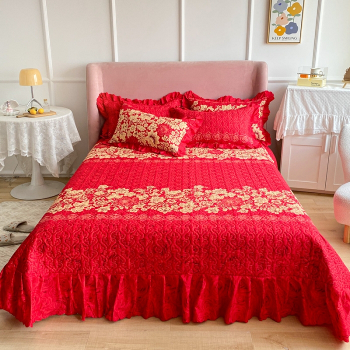 91家纺网 家纺一手货源 找家纺 美莱 2022新款亲肤磨毛床盖床裙夹棉单件三件套直播四件套 大红玫瑰