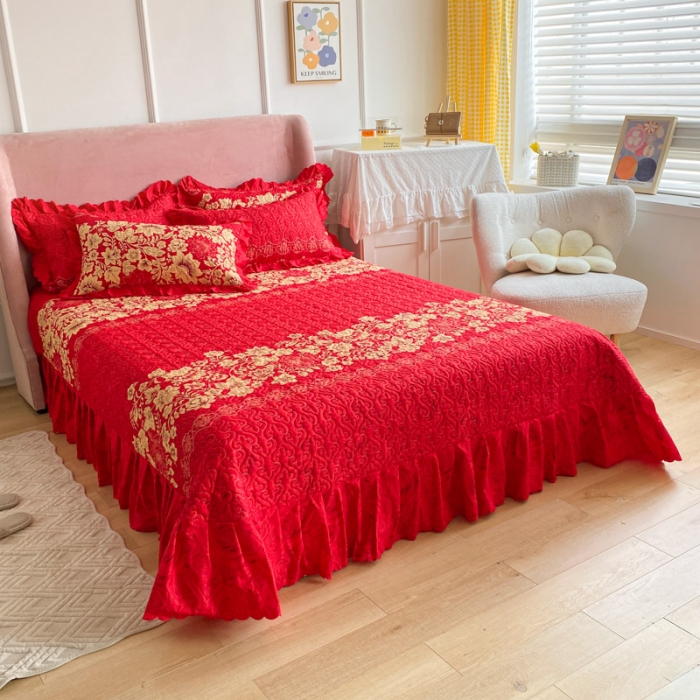 91家纺网 家纺一手货源 找家纺 美莱 2022新款亲肤磨毛床盖床裙夹棉单件三件套直播四件套 大红玫瑰