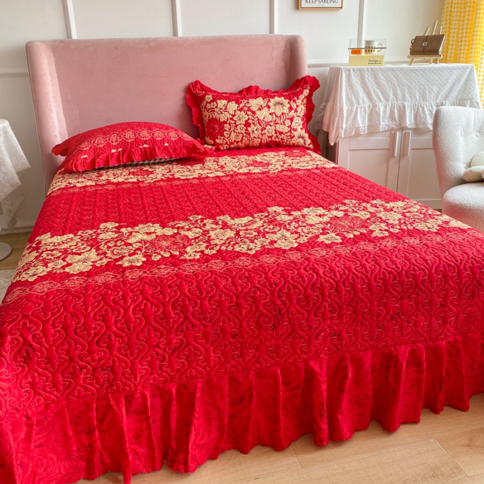 91家纺网 家纺一手货源 找家纺 美莱 2022新款亲肤磨毛床盖床裙夹棉单件三件套直播四件套 大红玫瑰