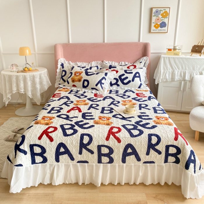 91家纺网 家纺一手货源 找家纺 美莱 2022新款亲肤磨毛床盖床裙夹棉单件三件套直播四件套 呆呆熊