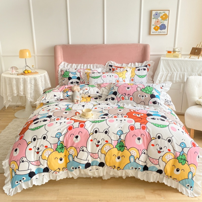 91家纺网 家纺一手货源 找家纺 美莱 2022新款亲肤磨毛床盖床裙夹棉单件三件套直播四件套 动物乐园