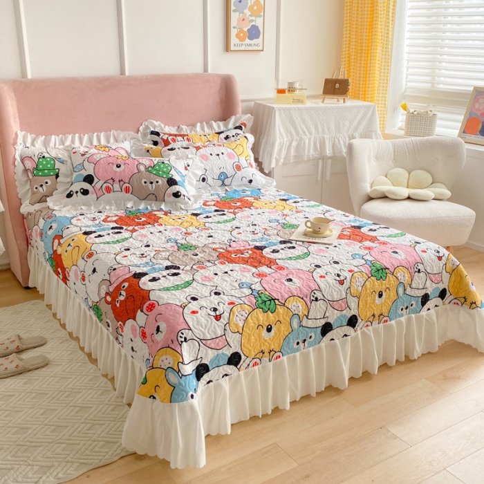 91家纺网 家纺一手货源 找家纺 美莱 2022新款亲肤磨毛床盖床裙夹棉单件三件套直播四件套 动物乐园