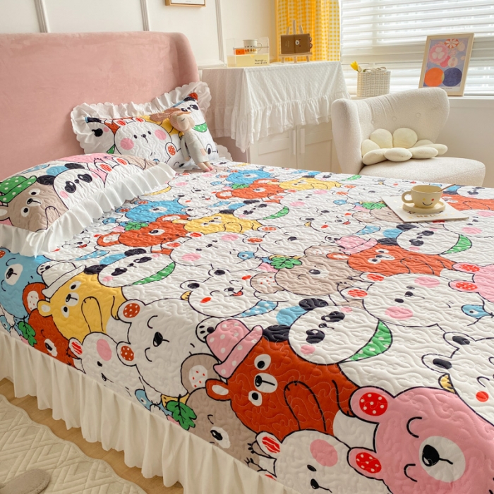 91家纺网 家纺一手货源 找家纺 美莱 2022新款亲肤磨毛床盖床裙夹棉单件三件套直播四件套 动物乐园
